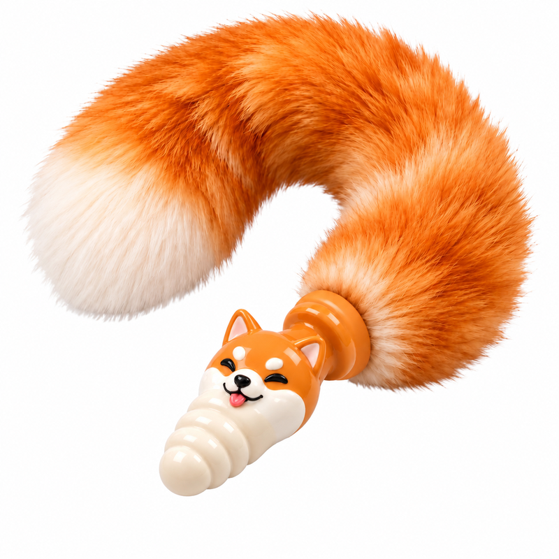 Shiba Inu Butt Plug — cream-white plug with a smiling Shiba Inu face and a fluffy orange-and-cream tail attached